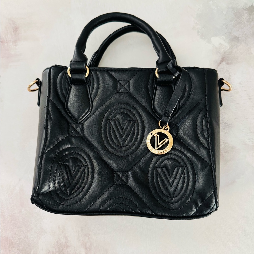 Valentino Orlandi Black Vegan Leather Quilted Tote with gold hardware